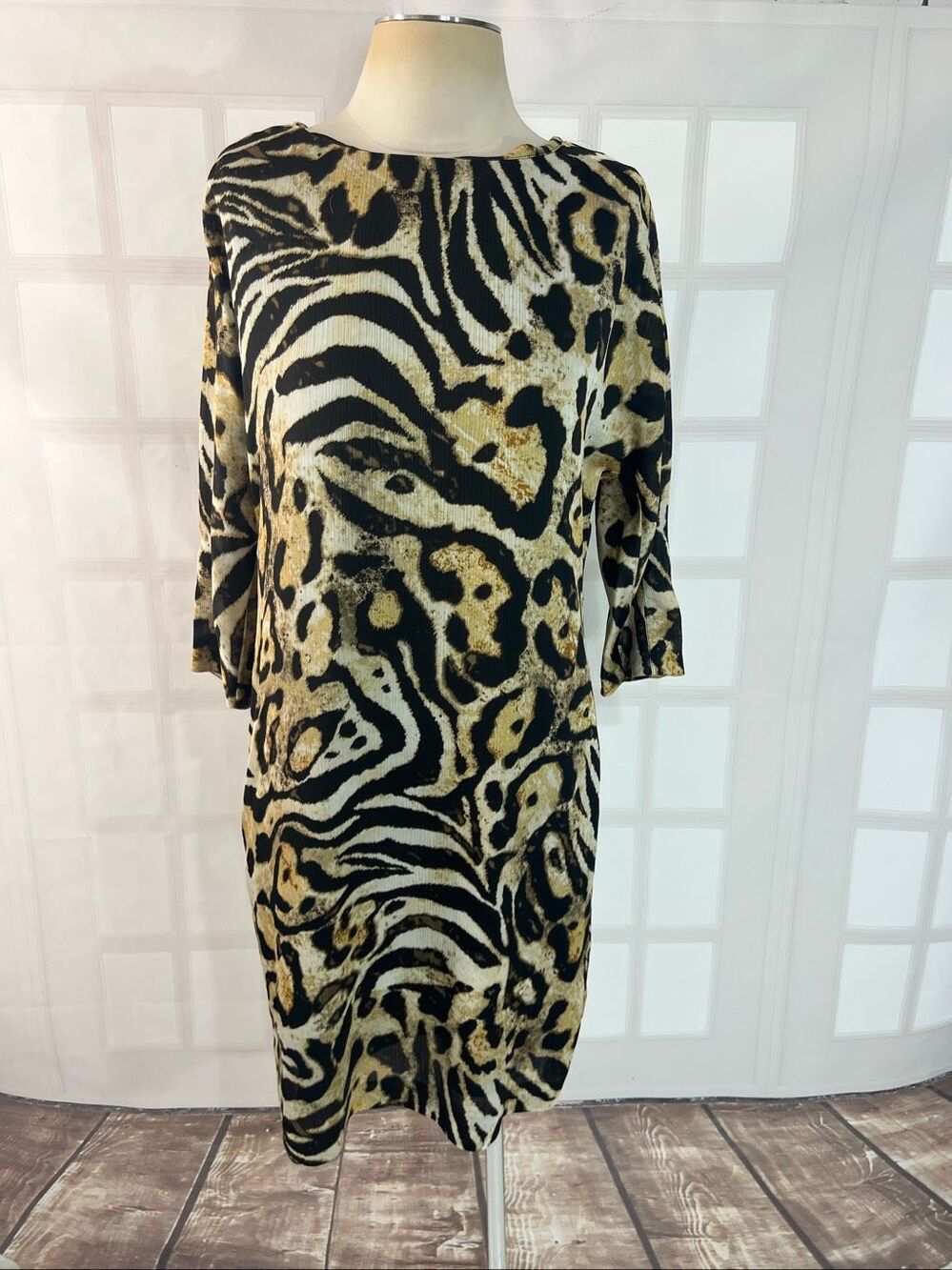 Peter Nygard Tan Black Animal Print 3/4 Sleeve Casual Midi Shift Dress Size 8